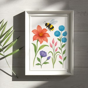 Watercolour Bee and Wildflower Print, Bumblebee Floral Wall Art, Botanical Nature Artwork, A4 Unframed Home Decor Gift UK