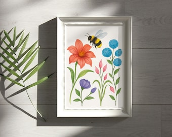 Watercolour Bee and Wildflower Print, Bumblebee Floral Wall Art, Botanical Nature Artwork, A4 Unframed Home Decor Gift UK
