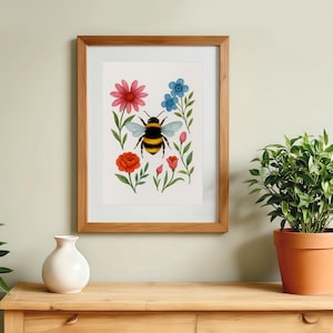 Bee and Wildflowers A4 Art Print - Colourful Botanical Watercolour Poster, Bumblebee Wall Art, Nature Illustration, Unframed Floral Print UK