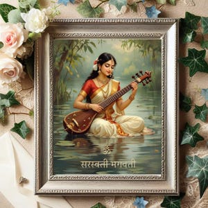 Saraswati, Hindu Goddess of Harmony, Hindu Prayer Poster, Goddess Saraswati, Devi, Indian God, Hindu Poster, Sanskrit Poster, Sacred Space
