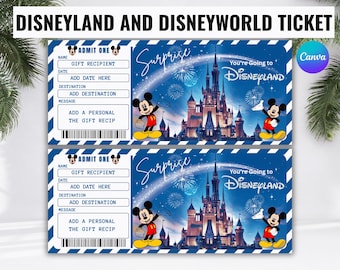 Entrada a Disneyland y Disneyworld, entrada sorpresa imprimible personalizada, PDF editable, viaje vintage a Disney, regalo de descarga instantánea