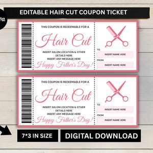 以下が含まれることがあります： 「Hair Cut」と「Happy Father's Day！」の文字が入った、ピンクと白のヘアカットクーポン2枚。 クーポンにはバーコード、ハサミと櫛のグラフィック、名前とサロンの詳細を挿入するスペースがあります。 クーポンは17.78cm x 7.62cmです。