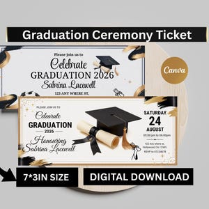 Puede incluir: Dos entradas para la ceremonia de graduación con detalles dorados y negros. Las entradas presentan un birrete, un diploma y el texto "Graduation 2026" y "Sabrina Lacewell". Las entradas miden 17,78 cm x 7,62 cm y son una descarga digital.