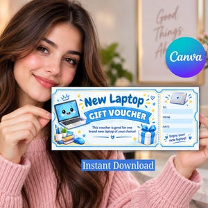 May include: A rectangular gift voucher featuring a cartoon laptop with a smiling face, blue text reading New Laptop GIFT VOUCHER, a gift box, and blank lines for To, From, and Date. The design includes blue and yellow accents on a white background.