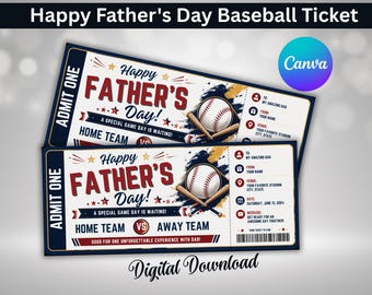 Billet de baseball pour la fête des pères | Cadeau modifiable pour la fête des pères | Surprise d'un match de baseball | Modèle de billet Canva | Téléchargement instantané