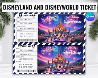 Entrada para Disneyland y Disneyworld: entrada imprimible y regalo sorpresa editable / Diseño personalizado vintage de Disneyland