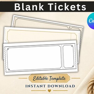 Puede incluir: Un conjunto de tres boletos rectangulares en blanco con bordes decorativos, que presentan una sección perforada en el lado derecho. Los boletos son de color blanco y crema, presentados como una plantilla editable con el texto Blank Tickets.