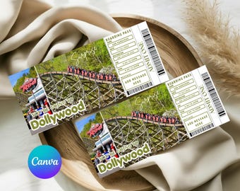 Bearbeitbare Themenpark Dollywood Surprise Ticket Vorlage, druckbare Bordkarte Ticket, Reise Geschenk, personalisiertes Ticket, Sofort Download