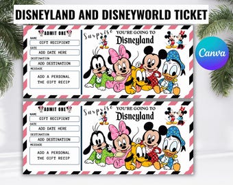 Disneyland And Disneyworld Ticket Printable Surprise Gift | Editable Custom Vacation Ticket | Instant Download Theme Park Ticket