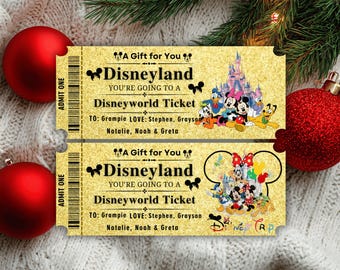 Entrada a Disneyland y Disneyworld: entrada imprimible personalizada, regalo sorpresa, boleto editable para un viaje a Disney, diseño vintage de Canva.