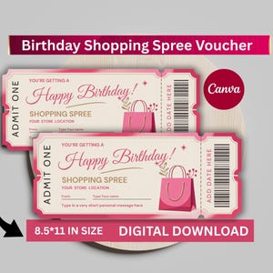 Könnte beinhalten: Zwei rosa-cremefarbene Geburtstagseinkaufsgutscheine. Die Gutscheine tragen den Text "Happy Birthday!" und "Shopping Spree". Die Gutscheine sind 21,59 x 27,94 cm groß und ein digitaler Download.