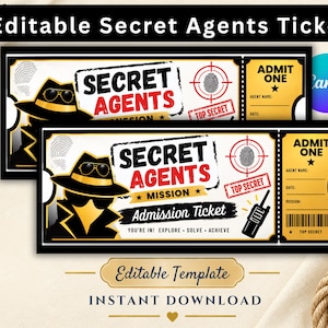 Può includere: Due biglietti d'ingresso rettangolari a tema agenti segreti con la sagoma nera di una persona con cappello e occhiali da sole. Il design include il testo SECRET AGENTS, MISSION, ADMIT ONE, TOP SECRET e YOU'RE IN! EXPLORE • SOLVE • ACHIEVE.