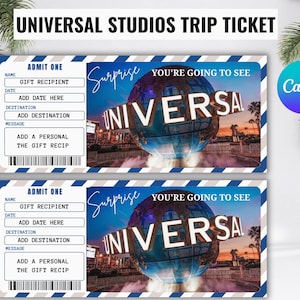 May include: Two Universal Studios trip tickets. Each ticket has a blue and white striped border, with text that reads "UNIVERSAL STUDIOS TRIP TICKET". The tickets include fields for the gift recipient, date, destination, and a personal message.