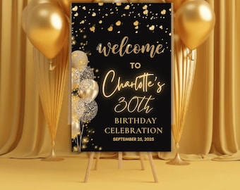 Golden Birthday Party Welcome Sign – Printable Gold Welcome Poster for Birthday Décor | Editable Golden Birthday Sign Template