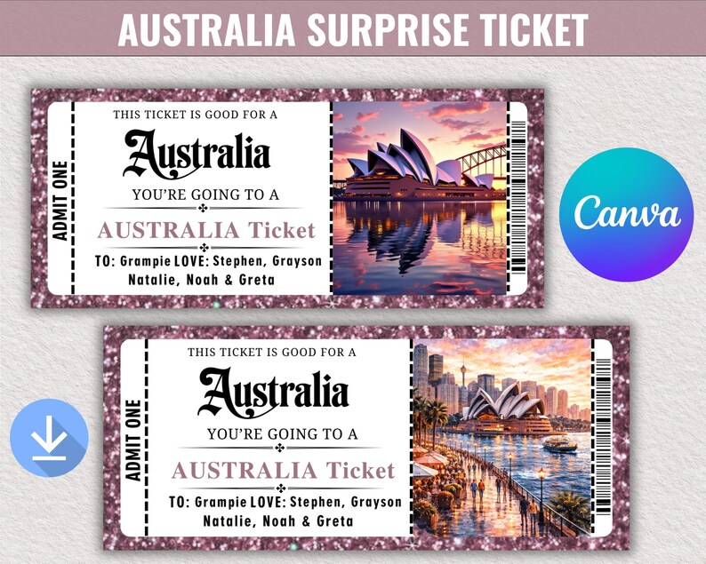 Australia Trip Surprise Ticket Template, Vacation Boarding Pass, Travel ...