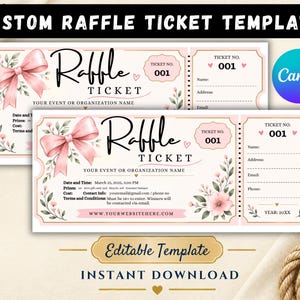 Puede incluir: Una plantilla de boleto de rifa personalizada con un lazo rosa e ilustraciones florales. El diseño incluye campos para el nombre del evento, fecha, hora, premios, costo, contacto, términos y un talón desprendible con el número de boleto 001.