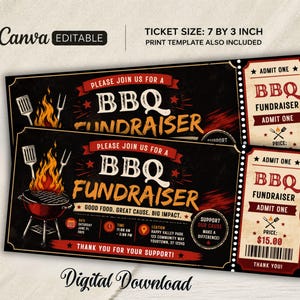 May include: A BBQ fundraiser ticket template measuring 7 by 3 inches with a black background, red banners, and illustrations of a grill with flames. The text includes Please Join Us For A BBQ Fundraiser, Admit One, and event details like date and time.