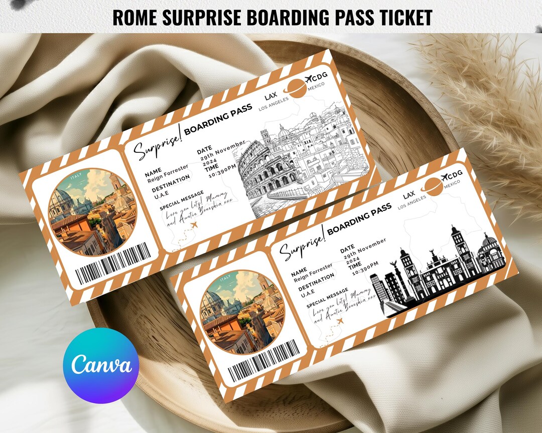 Rome Surprise Boarding Pass Ticket, Editable Boarding Pass Template ...