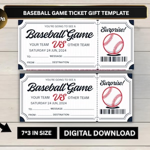 以下が含まれることがあります： 野球の試合チケットテンプレート2枚。野球のグラフィックと「Baseball Game」の文字。チーム名、日付、メッセージ「Surprise！」のフィールドが含まれています。チケットのサイズは17.78 x 7.62 cmです。