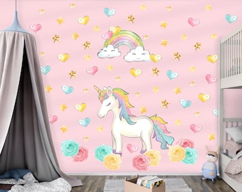 Regenboogeenhoorn – muursticker meisjeskamer – magisch kinderkamerdecor – Peel and Stick