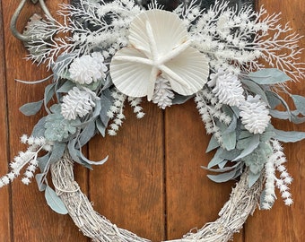 Elegant Beachy Wreath in White = Beach Winter White Wreath=Beach Wreath Christmas-Coastal Wreath Winter-Beach Wedding Wreath-Vow Renewal