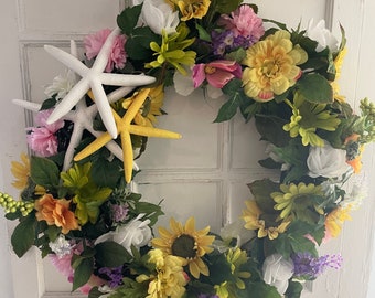 Handcrafted Starfish Floral Wreath, Coastal Spring Summer Door Decoration