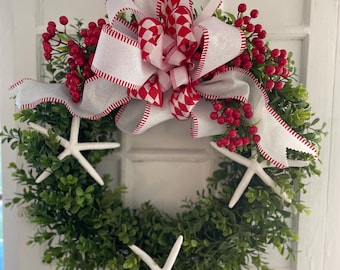 Starfish Boxwood Christmas Wreath, Coastal Red White Bow Door Decor