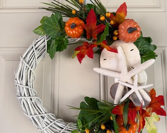 Coastal Fall Wreath, Starfish, Sand Dollar, Pumpkins, Grapevine Door Hanger