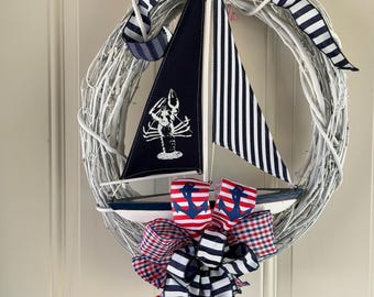 Nautical Sailboat Wreath, Coastal Beach Decor, Lobster Anchor Grapevine Door Wreath