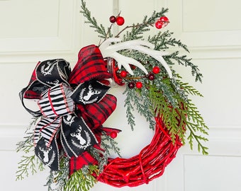 CLEARANCE-Antler Christmas Wreath: Rustic Red Cabin Holiday Decor (10")