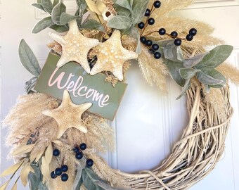 Coastal Starfish Wreath with Welcome Sign, Pampas Grass Grapevine Wreath, Seaside Door Wreath, Nautical Beach Decor, Housewarming Gift