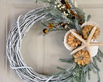 Coastal Fall Wreath, Starfish, Pumpkins, Beach House Decor