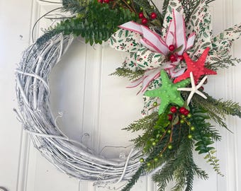 Christmas Beach Wreath - Red Green Starfish Wreath-Holiday Coastal Decor-Starfish Holiday Wreath-Nautical Christmas Decoration