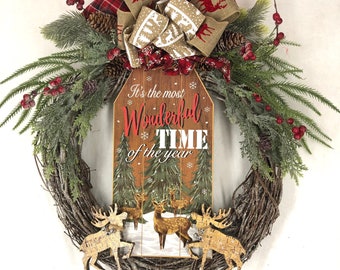 Rustic Christmas Wreath-Reindeer-Reindeer Wreath-Cabin Decor-Deer Wreath-Hunter Decor-Elk-Big Horn