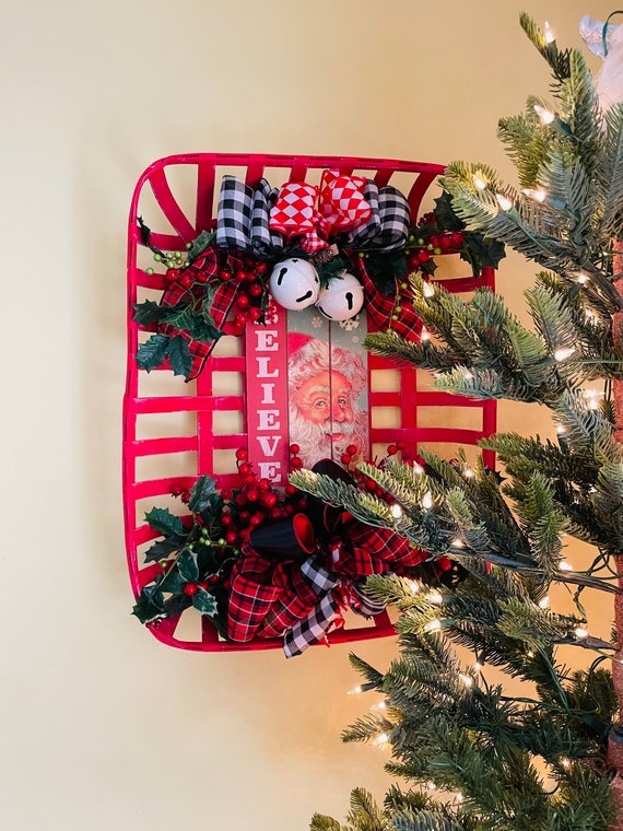 Christmas Basket-Santa Decoration-Christmas Wreath-Red Christmas Basket-Christmas Wall Hanging-Santa Decor-Santa Basket