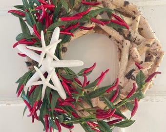 Beach Wreath: 12" Red Pepper & Starfish Decor