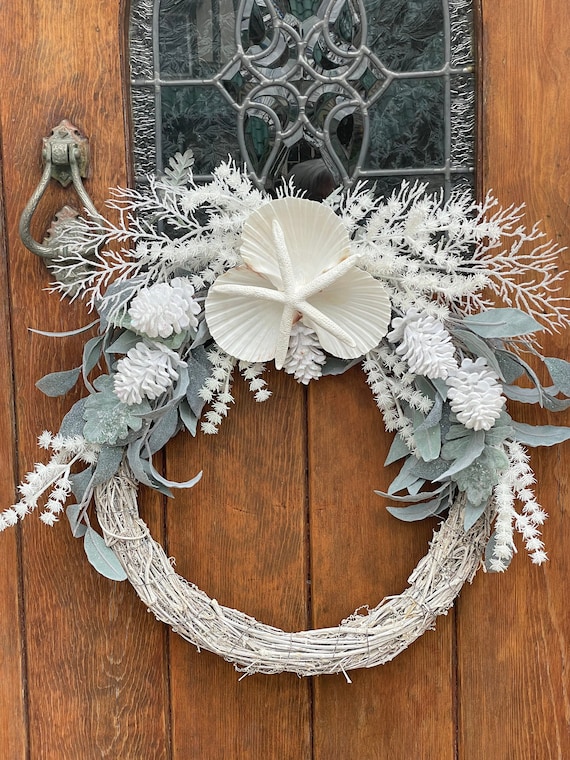 Elegant Beachy Wreath in White = Beach Winter White Wreath=Beach Wreath Christmas-Coastal Wreath Winter-Beach Wedding Wreath-Vow Renewal