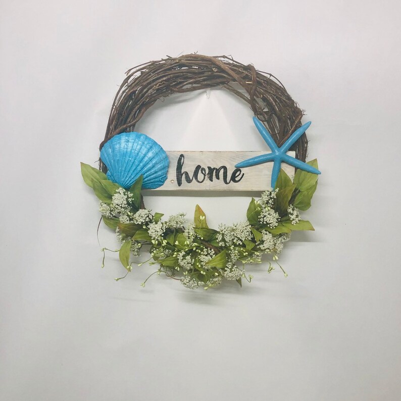 Beachy Wreath with Turquoise Starfish and Clam Shell-Beach Wreath with HOME Sign-Turquoise Shell Wreath-Home Sign-Welcome Wreath-Rustic