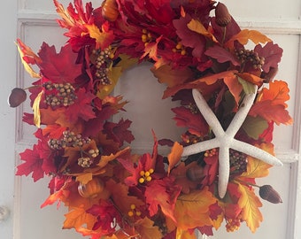 Coastal Fall Wreath with Starfish, Autumn Door Wreath, Beach Fall Decor, Nautical Harvest Wreath, Lake House Seasonal Front Door