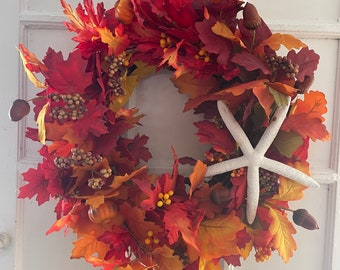 Beachy Fall Wreath-Fall Wreath with Starfish-Coastal Fall Wreath-Fall Beach Wreath-Beach Style Fall Decor-Autumn Beach Wreath-Starfish Decor