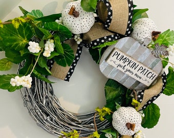 White Polka Dot Pumpkin Wreath, Farmhouse Fall Grapevine Door Decor
