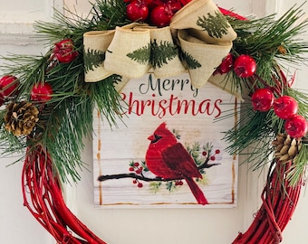 Christmas Cardinal Wreath: Small Holiday Decor (14")