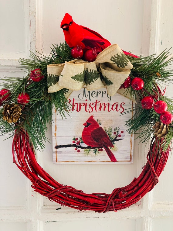 Christmas Cardinal Wreath-Cardinal Christmas Wreath-Christmas Wreath with Red Cardinal-Condo Christmas Wreath-Small Cardinal-Red Cardinal