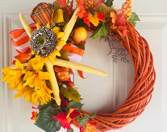 Coastal Fall Wreath,Sunflower Starfish Wreath,Orange Twig Door Hanger,Autumn Front Door Wreath,Nautical Fall Decor,Housewarming Gift,Beachy