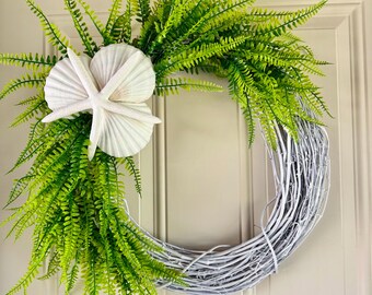 Coastal Wreath with Starfish, Seashells, Ferns, Grapevine Door Decor