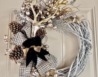 Handcrafted Gold Silver Christmas Wreath, Glitter Pinecone Door Decor, Black Velvet Bow