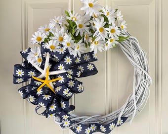 Daisy Starfish Wreath, Nautical Floral Door Wreath, Navy Blue White Grapevine Wreath, Coastal Beach House Decor, Summer Front Door Hanging