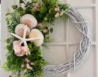 Pink Starfish Seashell Wreath, Coastal Grapevine Beach Wedding Decor