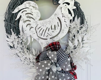 Rooster Wreath-White Tin Rooster Decoration-Farmhouse Wreath with Rooster-Country Wreath