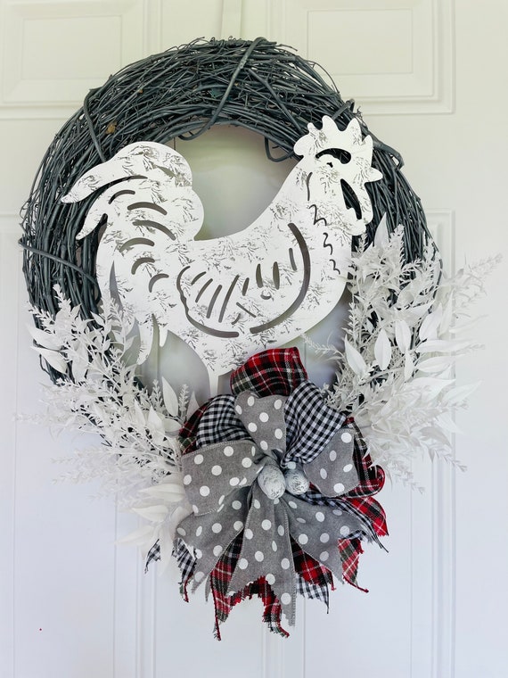 Rooster Wreath-White Tin Rooster Decoration-Farmhouse Wreath with Rooster-Country Wreath